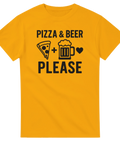 Gul t-shirt med texten Pizza & Beer Please samt symboler av pizza, öl och hjärta