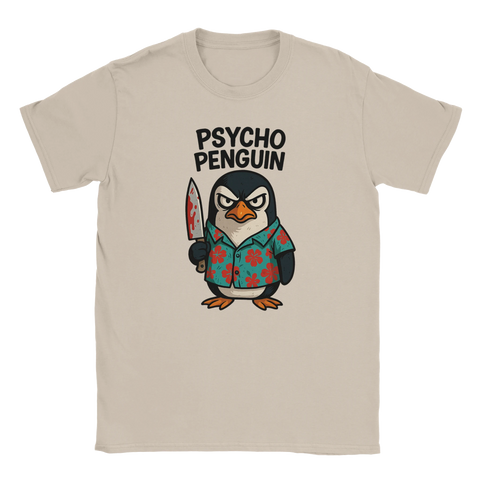 T-shirt med arg pingvin i Hawaii-skjorta och kniv, text "Psycho Penguin"