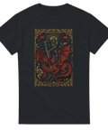 T-shirt med riddare som slåss mot röd drake i medeltida gobelängstil 