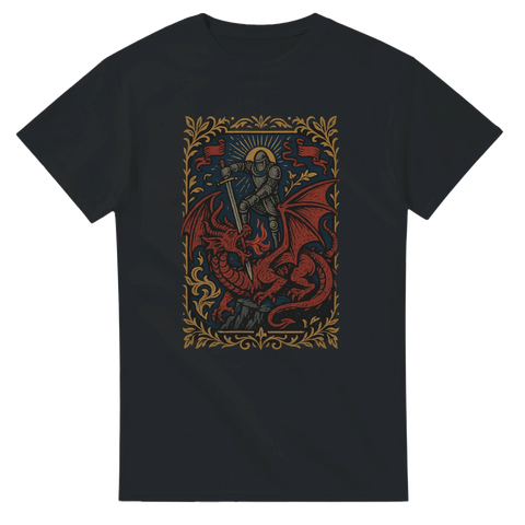 T-shirt med riddare som slåss mot röd drake i medeltida gobelängstil 