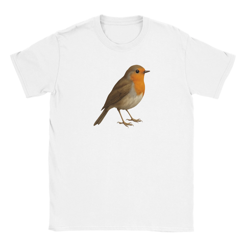 Vit T-shirt Classic med realistisk rödhake fågelmotiv