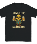 Rolig t-shirt med kyckling i Hawaii-skjorta, solglasögon och ölglas samt texten "Semester Madafakas"