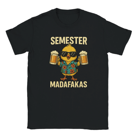Rolig t-shirt med kyckling i Hawaii-skjorta, solglasögon och ölglas samt texten "Semester Madafakas"