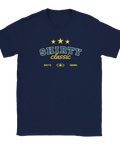 Marinblå t-shirt med retro college-tryck Shirty Classic i gult