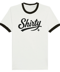Vit ringer-t-shirt med svart Shirty-logotyp i retrostil