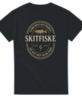 Svart t-shirt med texten Skitfiske och fiskemotiv i retrodesign