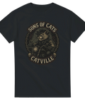 Svart t-shirt med biker-katt i MC-emblem och texten "Sons of Cats – Catville"