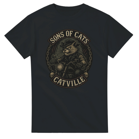 Svart t-shirt med biker-katt i MC-emblem och texten "Sons of Cats – Catville"