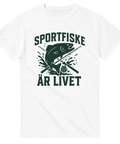 T-shirt med texten Sportfiske är livet och grafisk fiskdesign