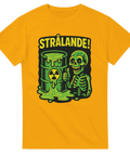 Gul t-shirt med tecknat motiv av ett skelett som står bredvid en radioaktiv tunna med texten "Strålande!" ovanför i stora bokstäver