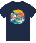 T-shirt med tecknad haj som surfar i solnedgång med Hawaii-skjorta
