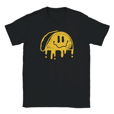 Svart t-shirt med gul taco i form av en smiley