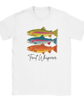 T-shirt med texten Trout Whisperer och fyra färgglada illustrationer av öring