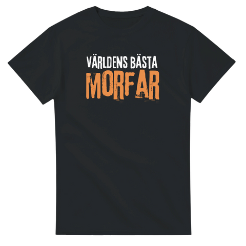 svart t-shirt med texten världens bästa morfar i vitt och orange
