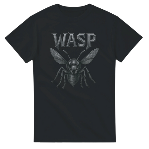Svart t-shirt med metalinspirerad text WASP och illustrerad geting