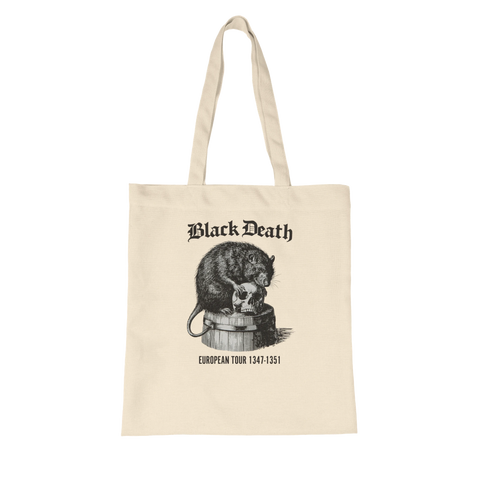 Tygkasse med texten Black Death och en fet råtta och dödskalle