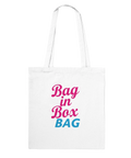 Tygkasse tygväska med texten bag in box bag i rosa och blått. 