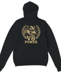 Baksida av Hoodie med tryck av Billy Badger, en cool grävling med solglasögon och texten V8 Power