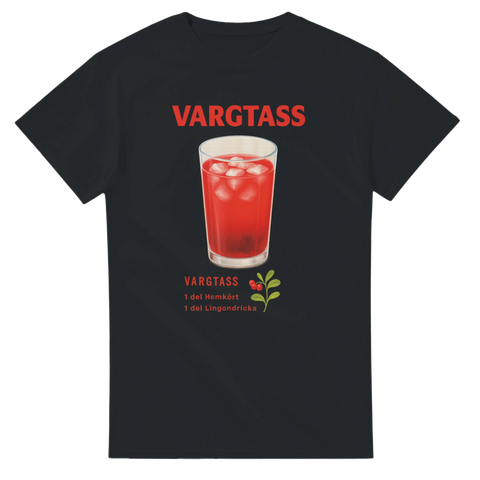 T-shirt med röd drink och texten "Vargtass" samt recept under