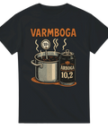 Svart t-shirt med kokande kastrull och burk Arboga 10,2 – en hyllning till svensk starkölshumor.