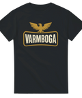 Svart t-shirt med retroinspirerad guldfärgad örn och texten Varmboga – humoristisk design med lokalpatriotisk känsla