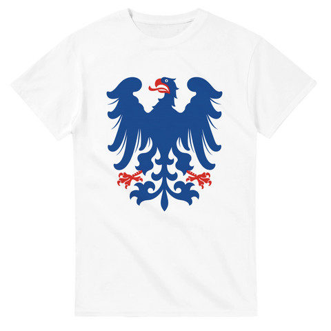 Vit t-shirt med illustration av Värmlands landskapsvapen – en blå örn med röda klor och näbb, perfekt för stolta värmlänningar