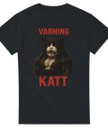 Svart t-shirt med bild på extremt muskulös svart katt och röd text "Varning Katt"