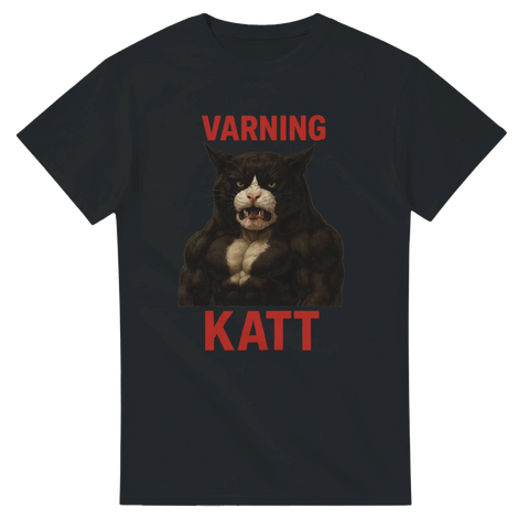 Svart t-shirt med bild på extremt muskulös svart katt och röd text "Varning Katt"