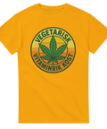 Gul t-shirt med cannabisblad och texten "Vegetarisk Vitaminrik Kost"