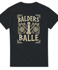 Humoristisk viking t-shirt med texten ”Balders Balle”, run-inspirerad design och stridsyxor – perfekt för nordisk mytologi och skämt.