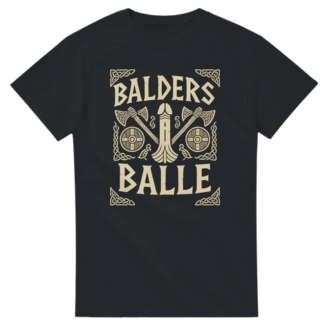 Humoristisk viking t-shirt med texten ”Balders Balle”, run-inspirerad design och stridsyxor – perfekt för nordisk mytologi och skämt.
