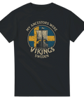 Cool t-shirt med svensk flagga, vikingaskepp och texten “My Ancestors Were Vikings – Sweden” i retrostil