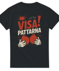 Svart t-shirt med stor text "Visa Pattarna" och retroinspirerad humoristisk design med händer och runda former – perfekt för raggare och festivalhumör