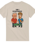 Beige t-shirt med humortryck "VM i Fickpingis" och tecknade spelare föreställande Lars Ohly och Truls Möregårdh vid minibordtennis