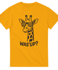 Gul t-shirt med giraff i solglasögon och texten "Was' Up?"