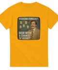 Gul t-shirt med väderkarta och texten ”Weekend Forecast: Beer With a Chance of Regret” – humor för helgens pubhäng.