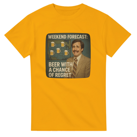 Gul t-shirt med väderkarta och texten ”Weekend Forecast: Beer With a Chance of Regret” – humor för helgens pubhäng.