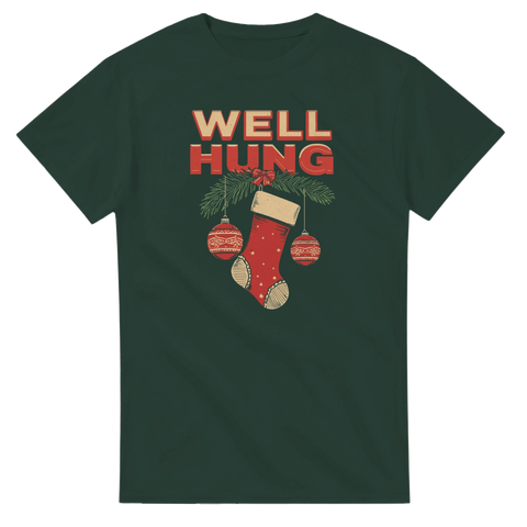 Jul-tshirt med hängande julstrumpor och texten Well Hung i humoristisk design