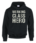 Svart hoodie med stor vit text "WORKING CLASS HERO" i blockbokstäver