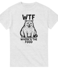 Humoristisk T-shirt med söt katt och texten “WTF – Where’s The Food?” – rolig present för kattägare och matälskare.