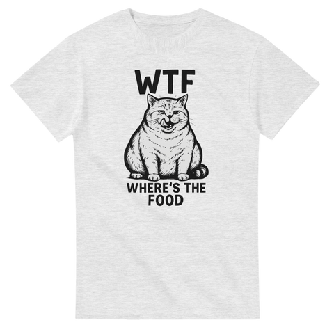 Humoristisk T-shirt med söt katt och texten “WTF – Where’s The Food?” – rolig present för kattägare och matälskare.