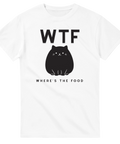 Humoristisk T-shirt med svart katt och texten “WTF – Where’s The Food?”.