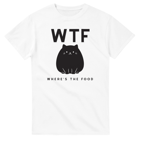 Humoristisk T-shirt med svart katt och texten “WTF – Where’s The Food?”.